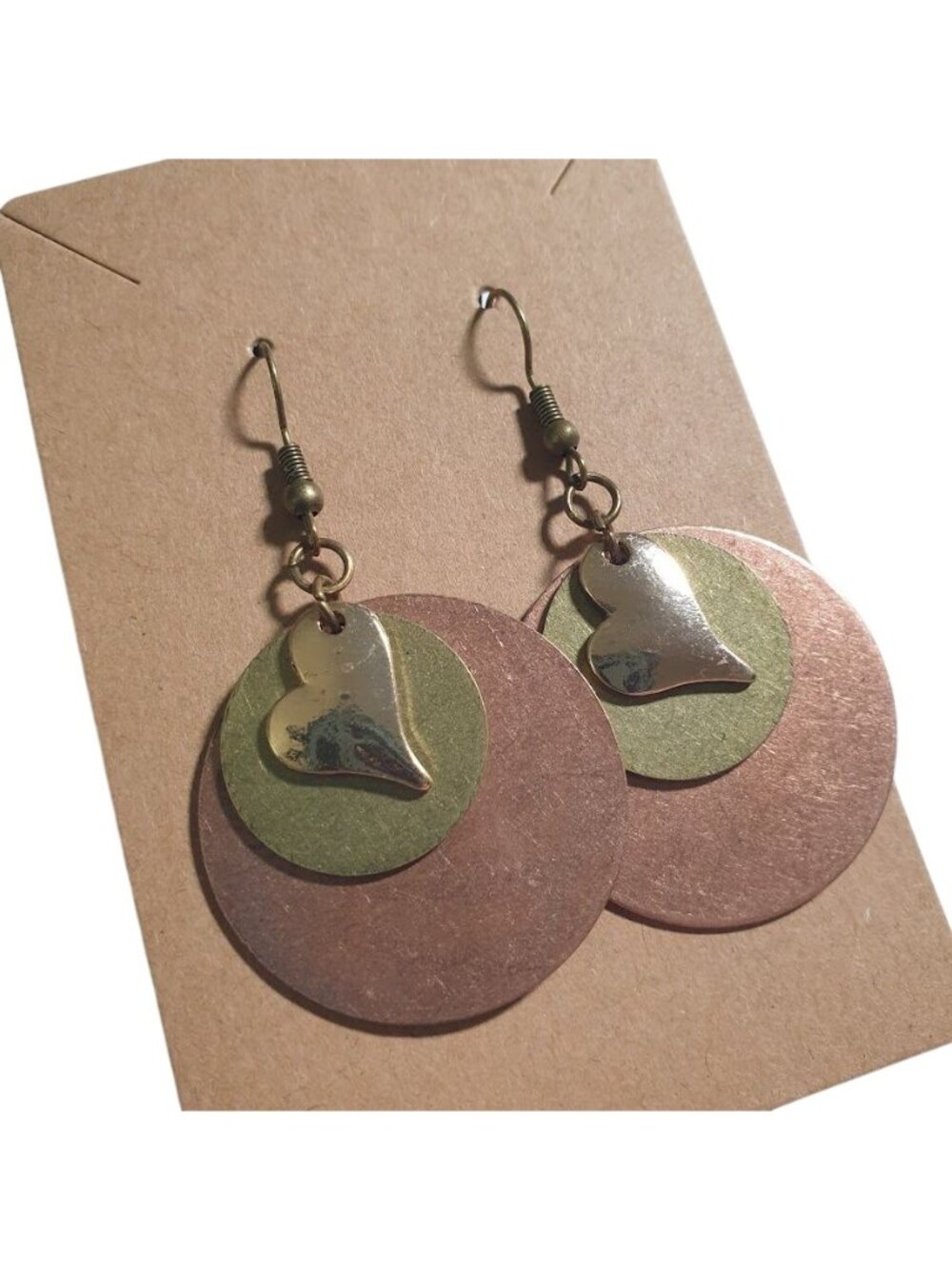 Metallic Layered Dangle Earrings Layered Circular Design Gold Heart Charm Bronze - Picture 2 of 4